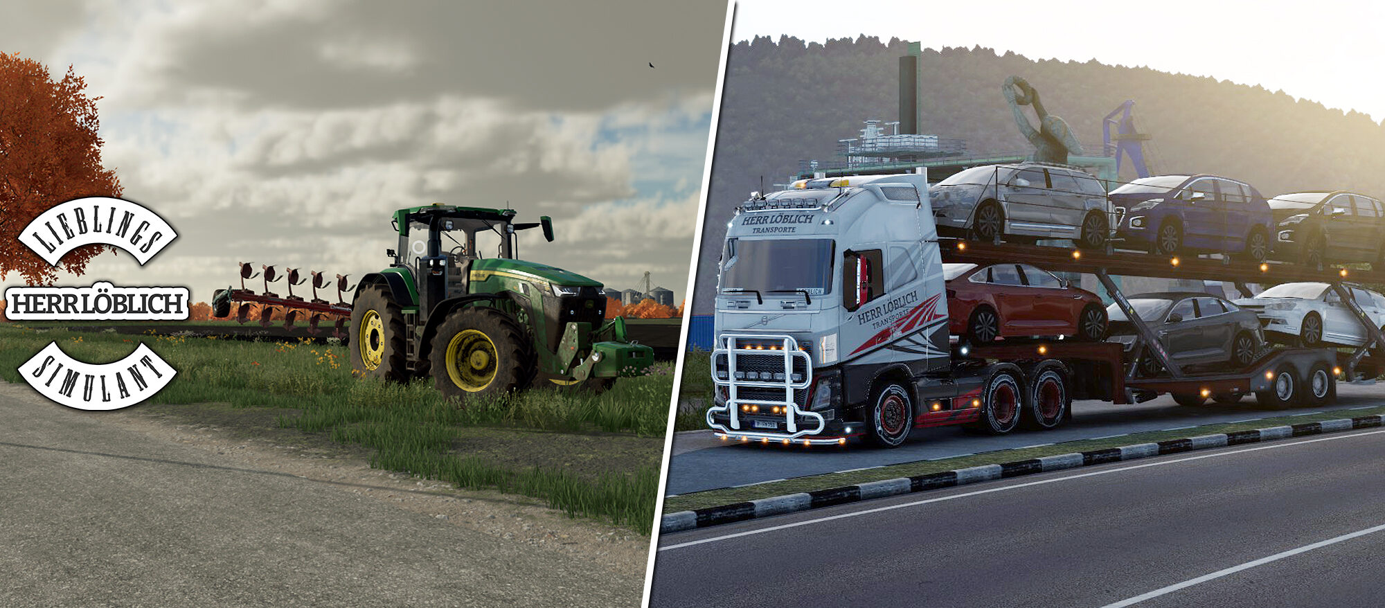 Landwirtschafts und Truck Simulator Kanal Titelbild mit Traktor Links und LKW mit Fahrzeug Sattelzug rechts