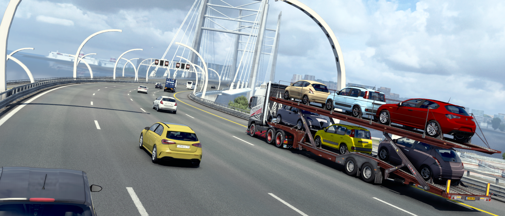 Euro Truck Simulator 2 Live Steam Screenshot mit einem LKW mit Autoanhänger auf einer Hängebrücke in Russland